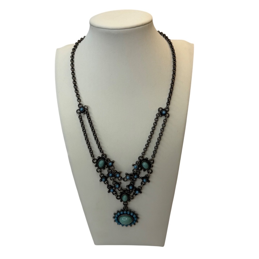 Gunmetal Faux Turquoise Bib Statement Necklace Tiered Boho Gothic Boho Y2K Retro